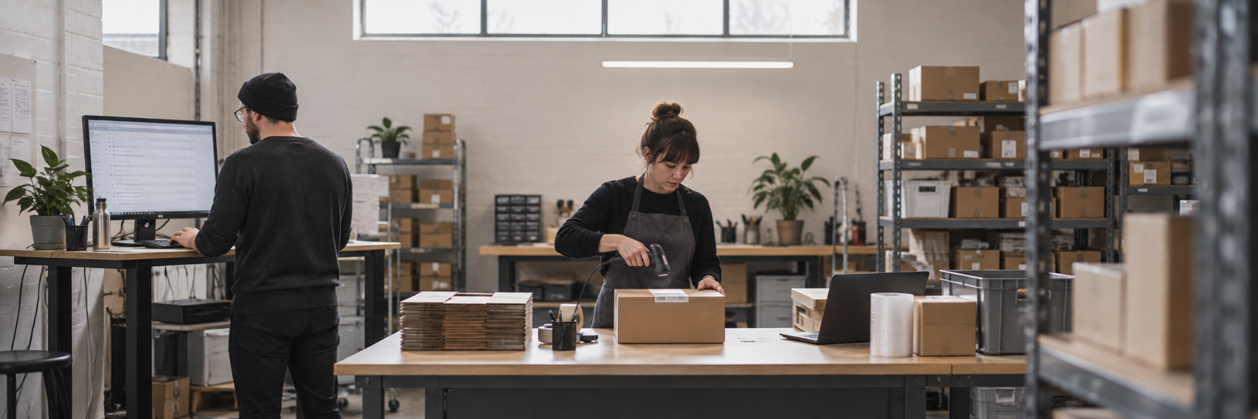 An operations team at work: one person reviewing an order list on screen, another scanning a shipping label at the packing bench